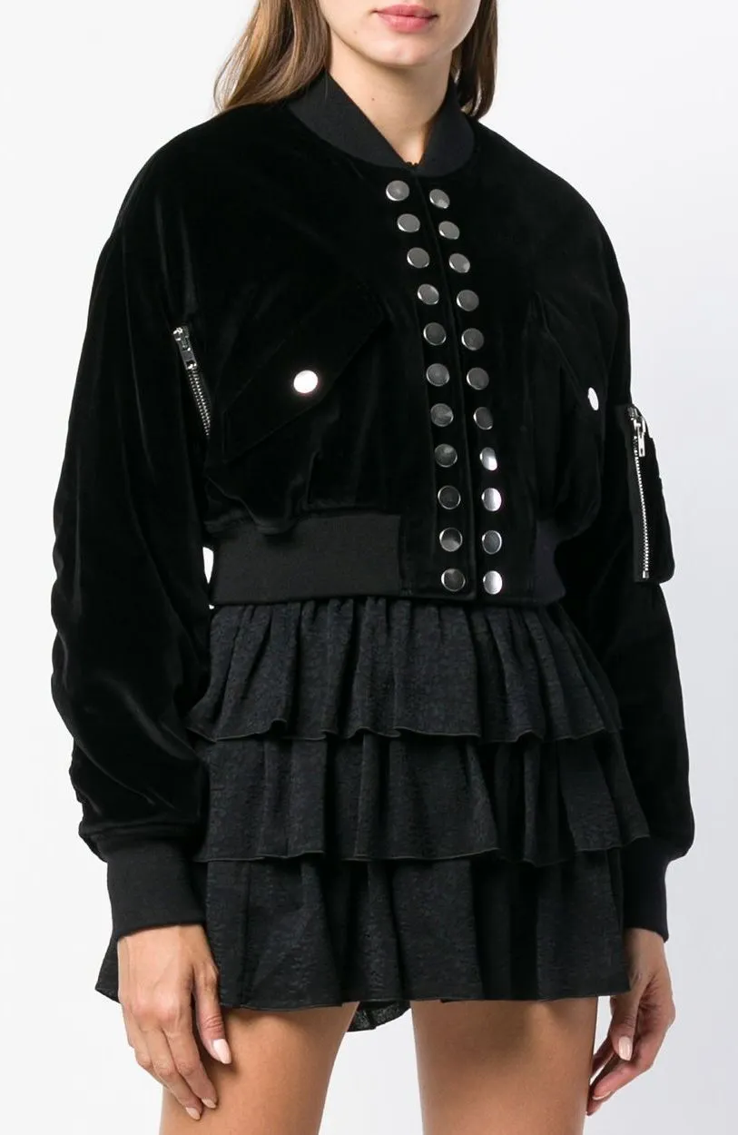 Black Velvet Multi Snap Crop Bomber Jacket