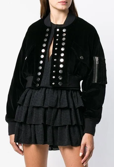 Black Velvet Multi Snap Crop Bomber Jacket