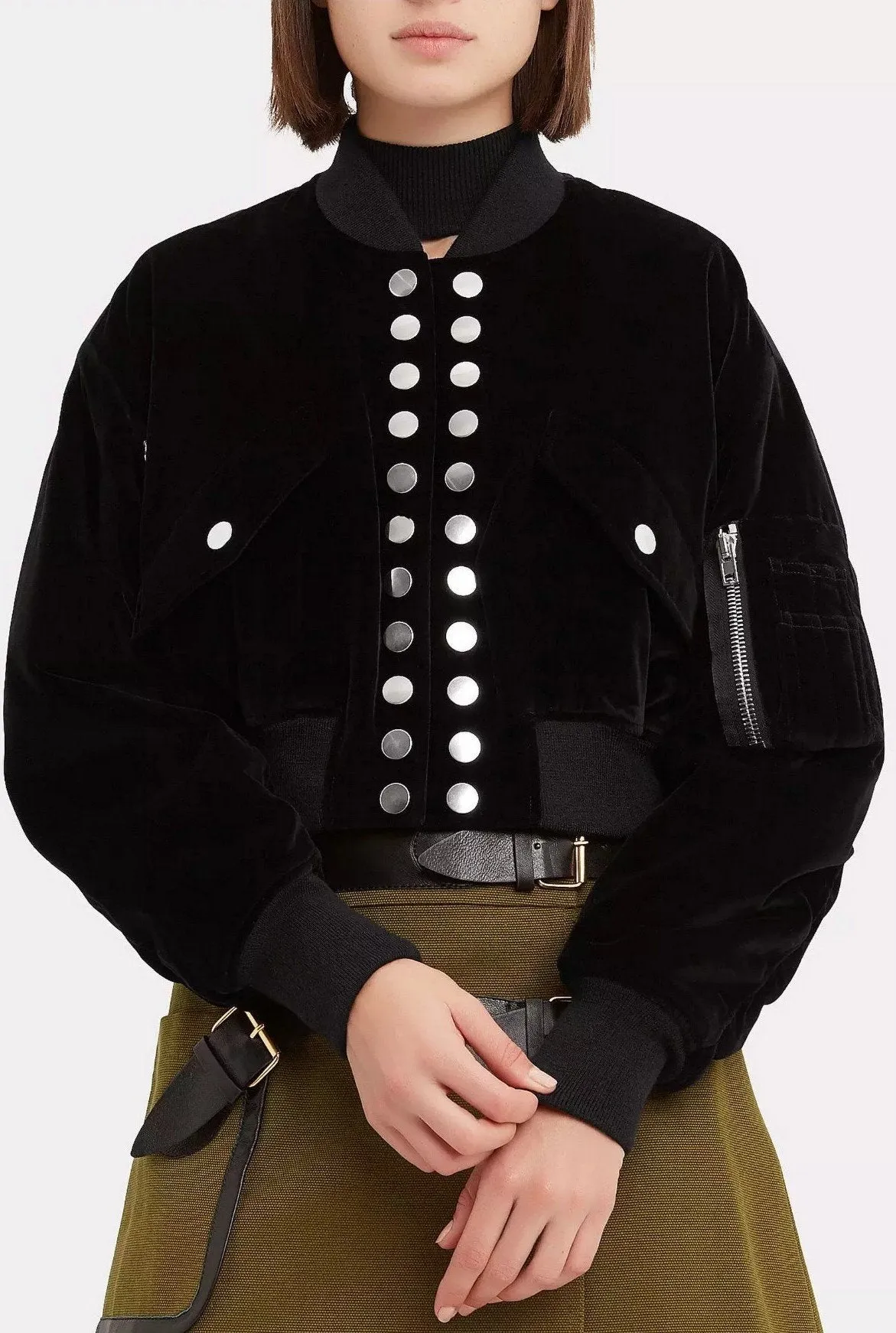 Black Velvet Multi Snap Crop Bomber Jacket