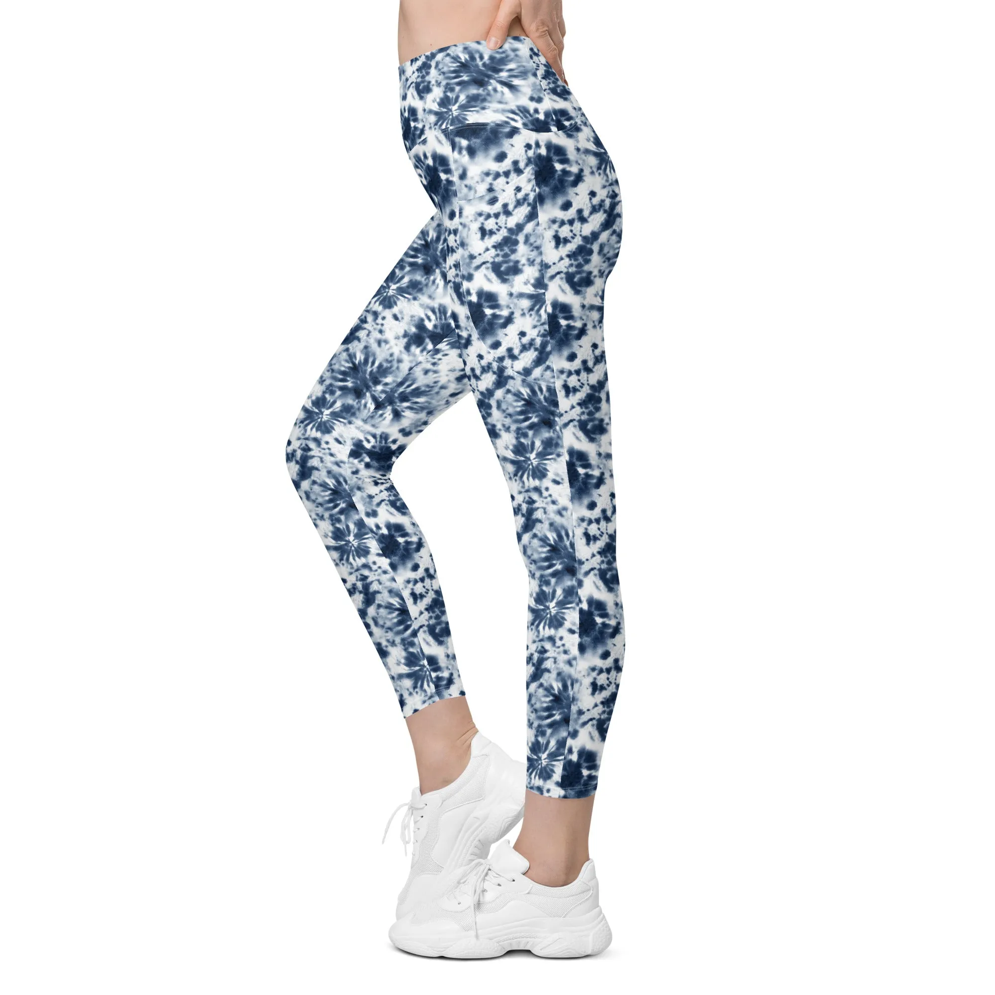 Blue and White Tie Dye Leggings with pockets