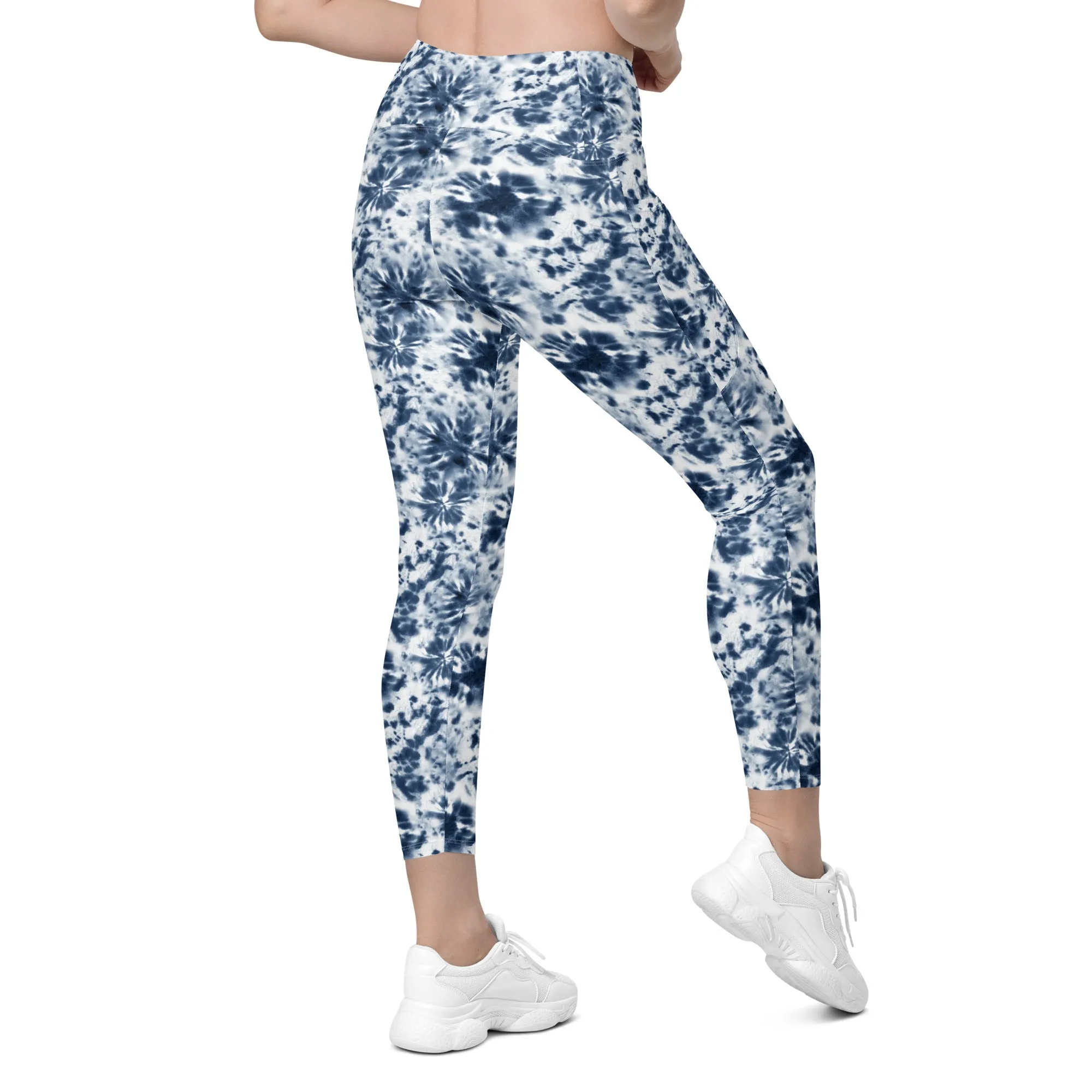 Blue and White Tie Dye Leggings with pockets