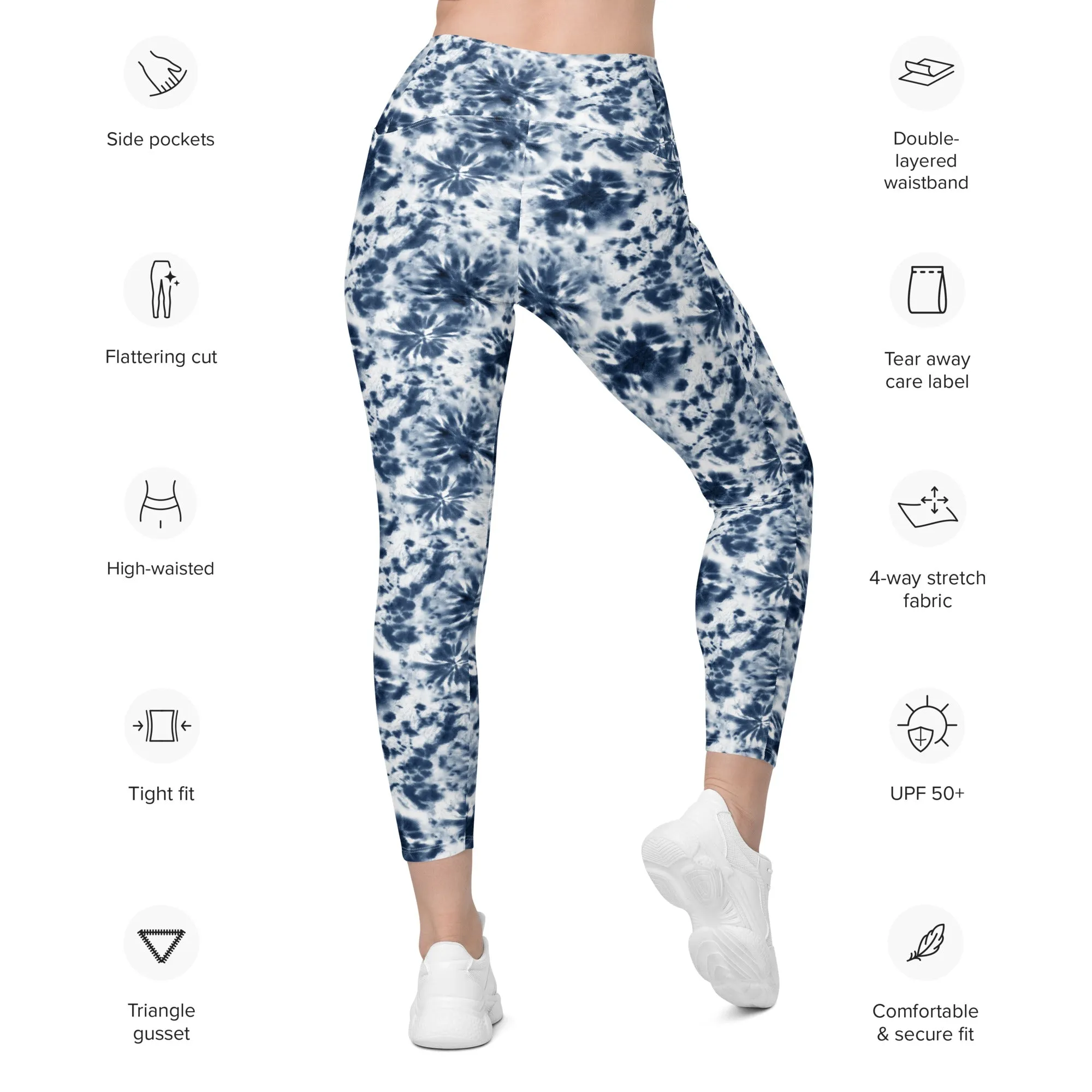Blue and White Tie Dye Leggings with pockets