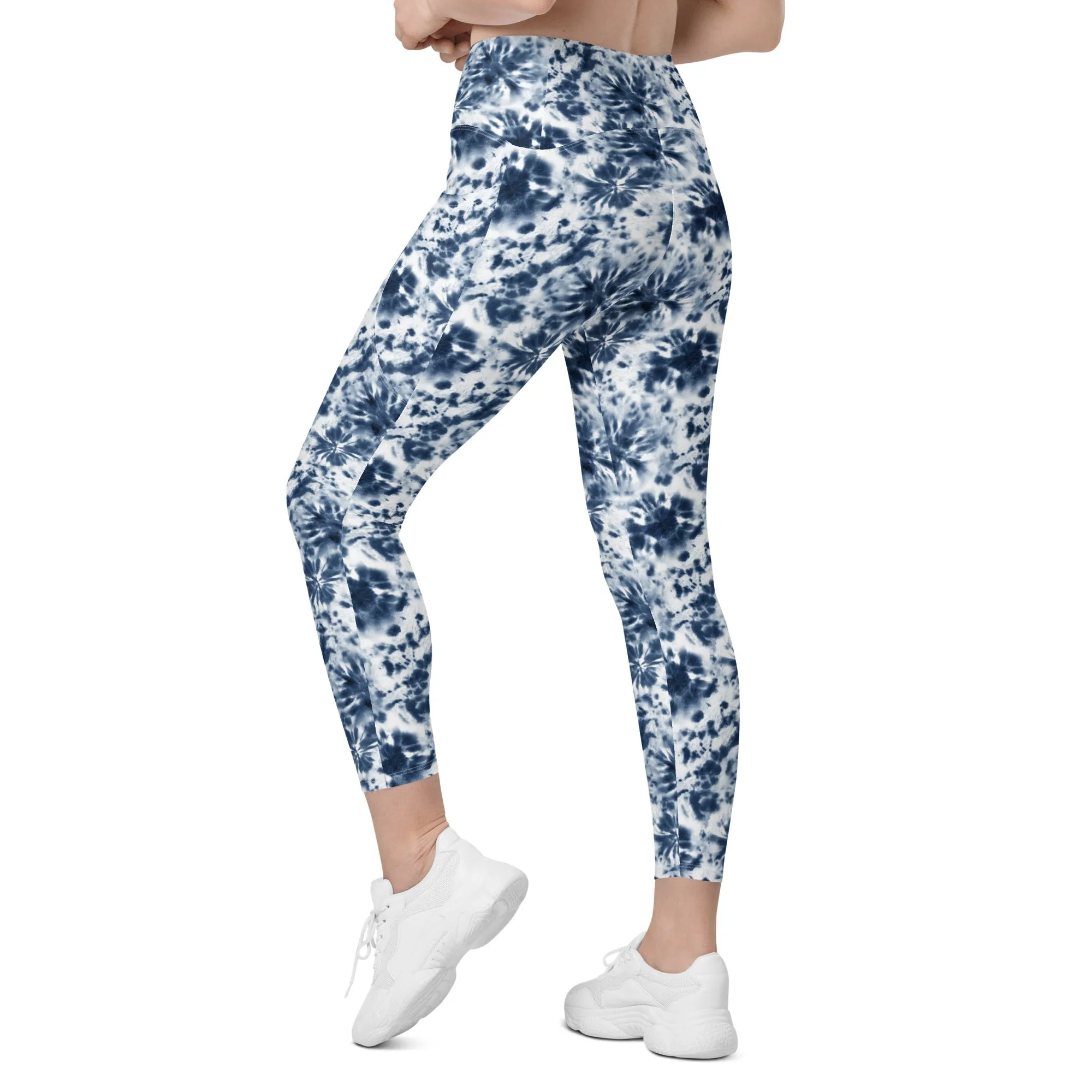 Blue and White Tie Dye Leggings with pockets