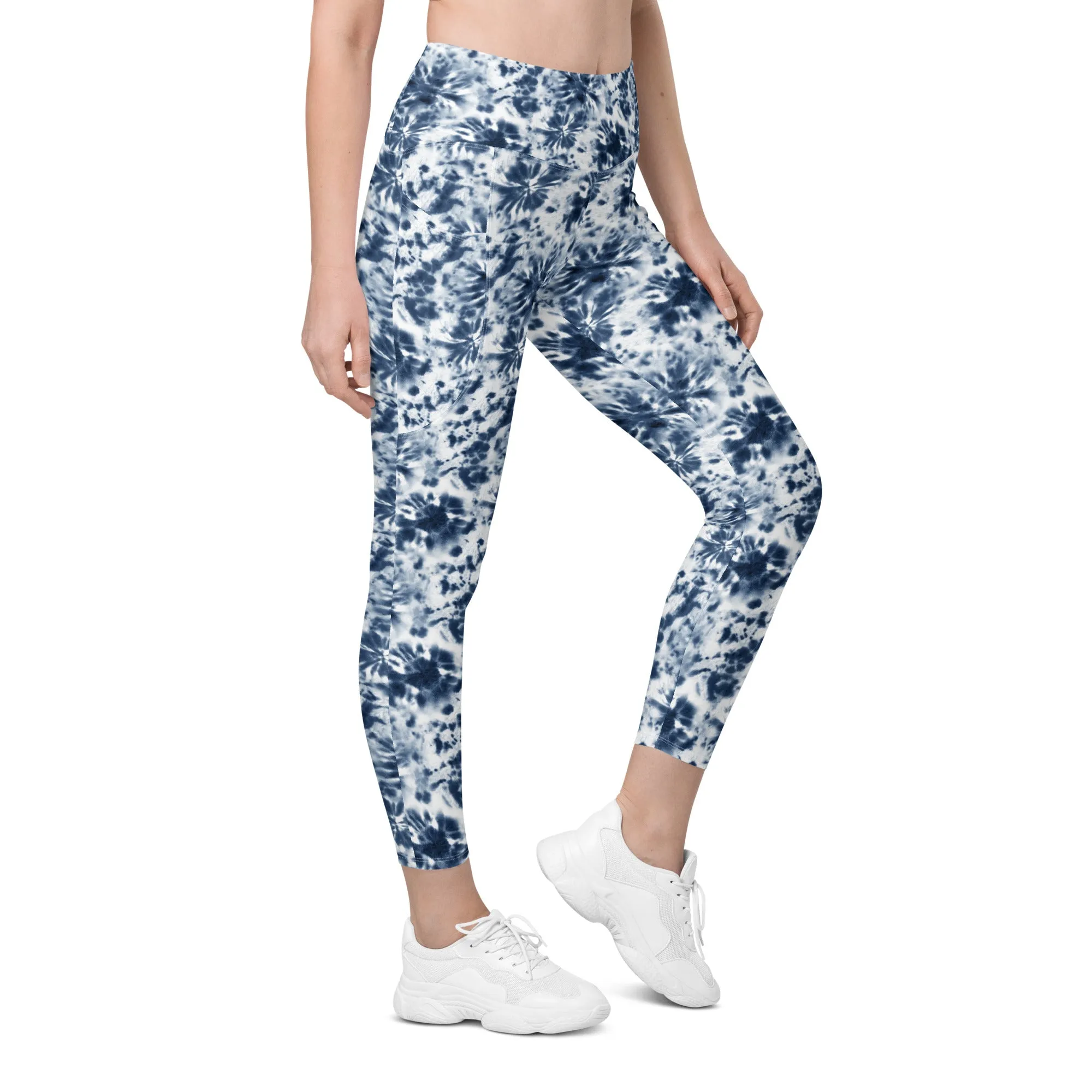 Blue and White Tie Dye Leggings with pockets