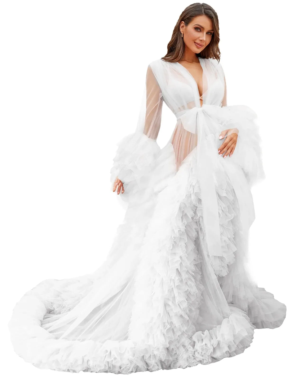 Bridal Robe Illusion Tulle Long Wedding Dressing Gown