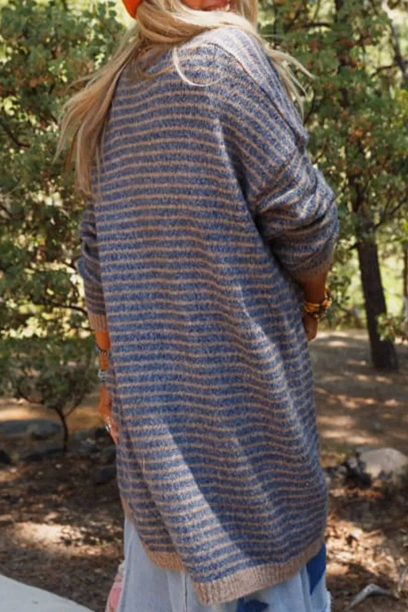 Casual Stripe Pocket Weave Contrast Cardigan Collar Outerwear