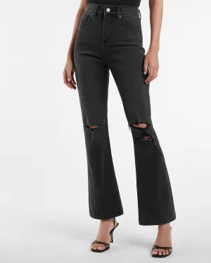 Conscious Edit High Waisted Black Ripped 90S Bootcut Jeans in Pitch Black