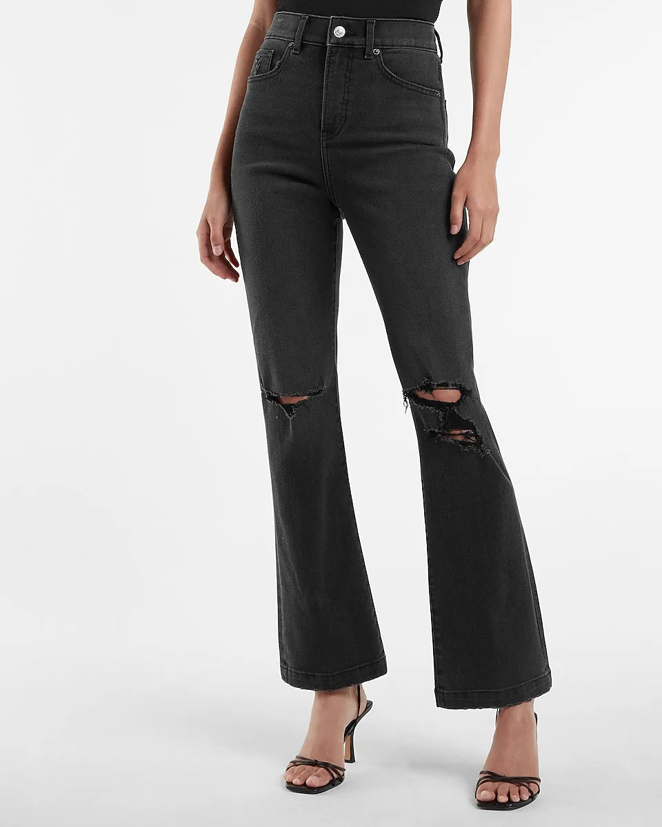 Conscious Edit High Waisted Black Ripped 90S Bootcut Jeans in Pitch Black