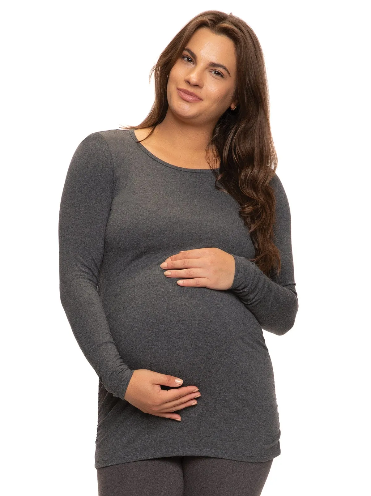 Cotton Modal Maternity Side Shirred L/S Crewneck Shirt