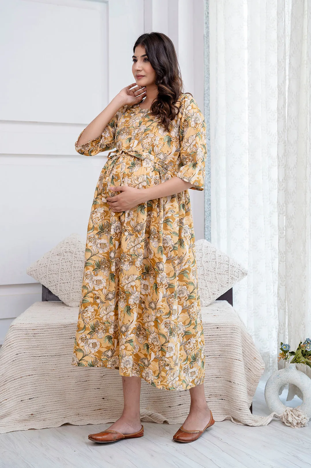 Cream Printed Maternity Dress For Women
