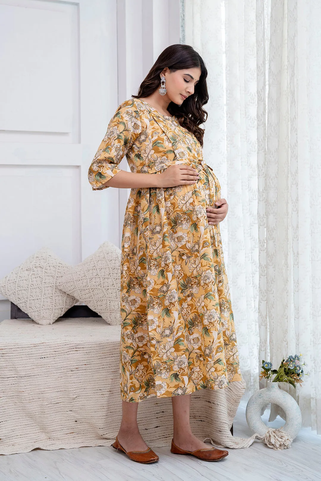 Cream Printed Maternity Dress For Women