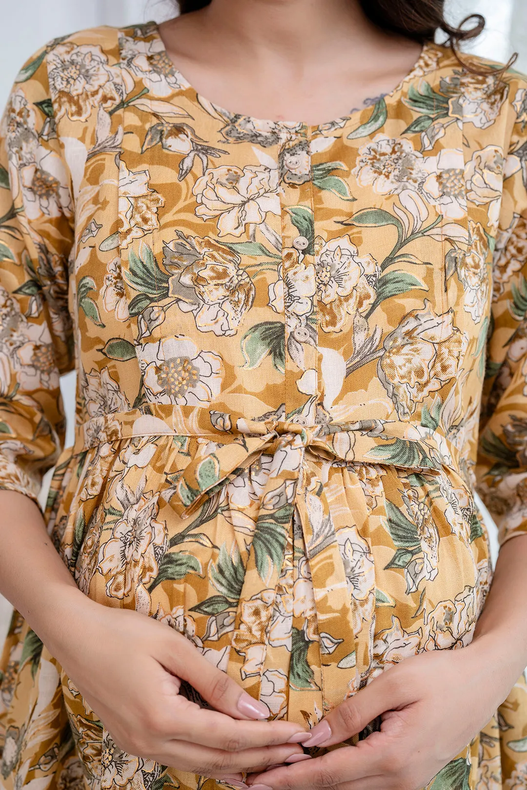 Cream Printed Maternity Dress For Women