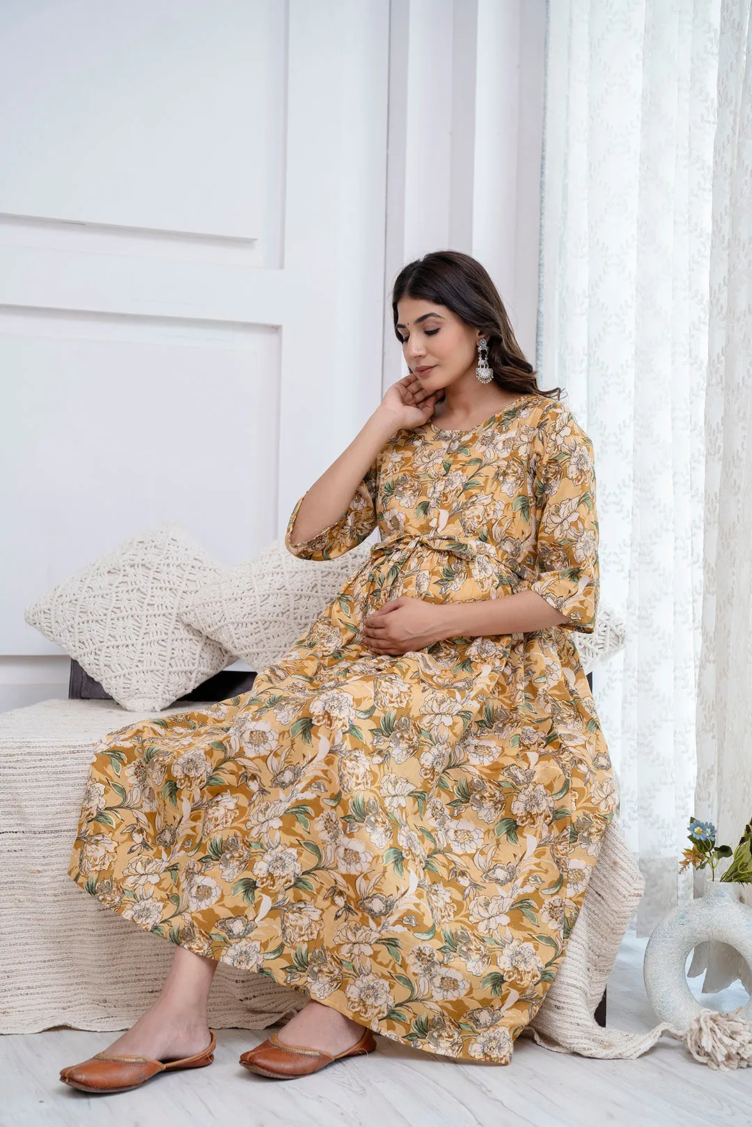 Cream Printed Maternity Dress For Women