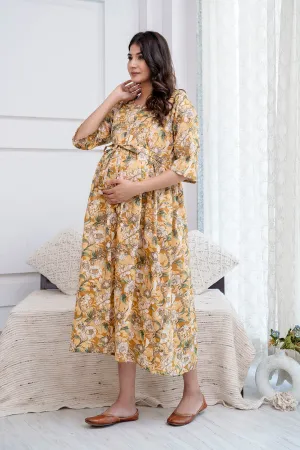 Cream Printed Maternity Dress For Women