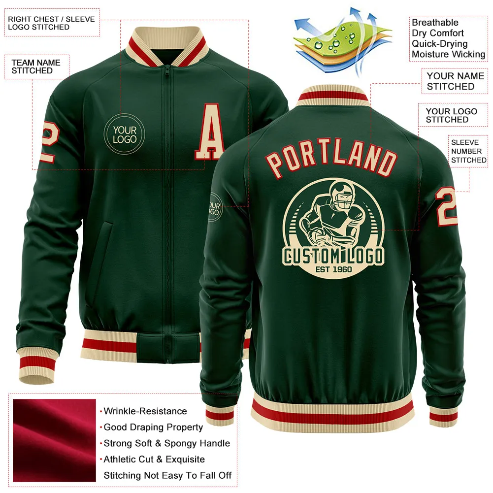 Custom Green Cream-Red Bomber Varsity Letterman Zipper Jacket