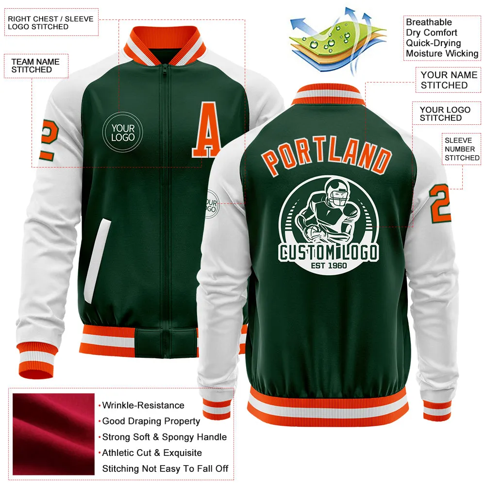 Custom Green Orange-White Bomber Varsity Letterman Two Tone Zipper Jacket