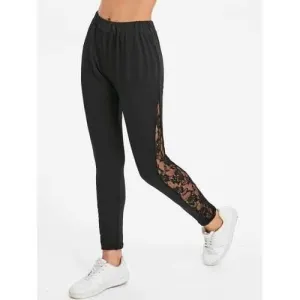 Elastic Waist Fitted Leggings with Lace - Black S