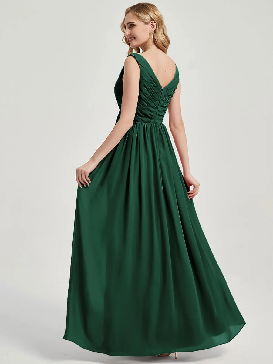 Emerald Green V-Neck Backless Maxi Chiffon Empire Bridesmaid Dress