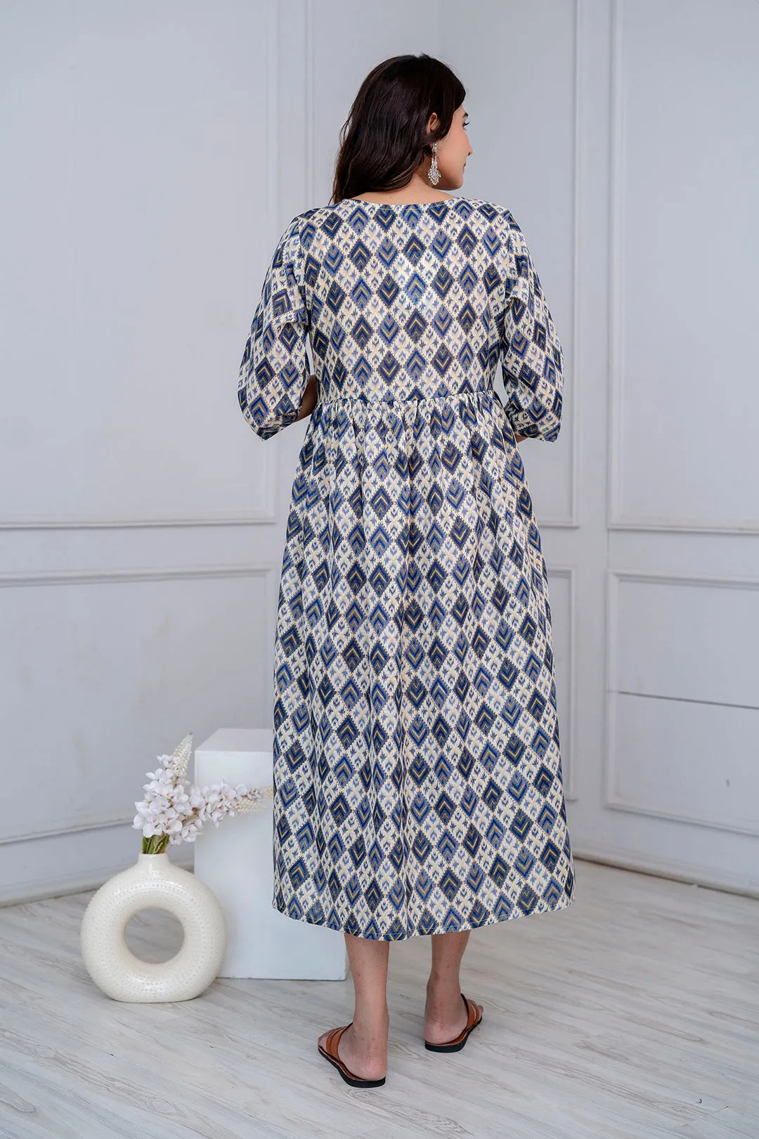 Fab Blue Printed Maternity Dress For Women