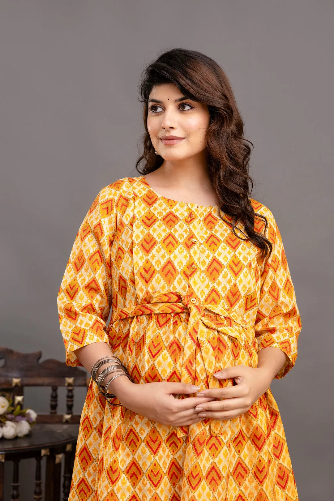 Fab Yellow Printed Maternity Dress For Women