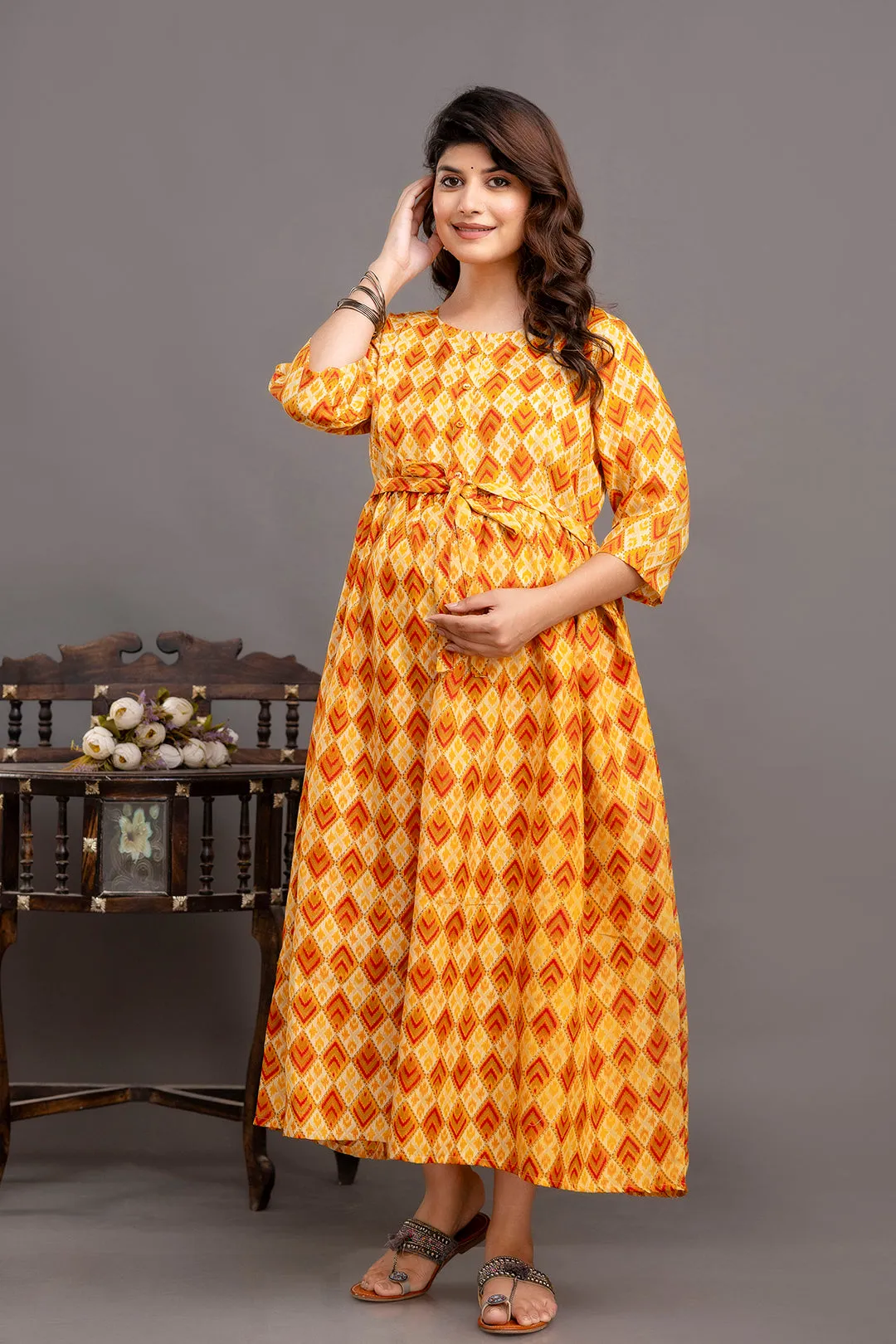 Fab Yellow Printed Maternity Dress For Women