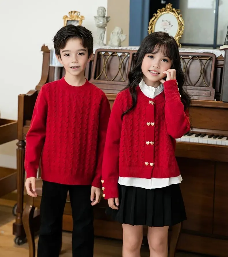 Family Matching Red Cable Knit Cardigans – Elegant Heart-Button Design