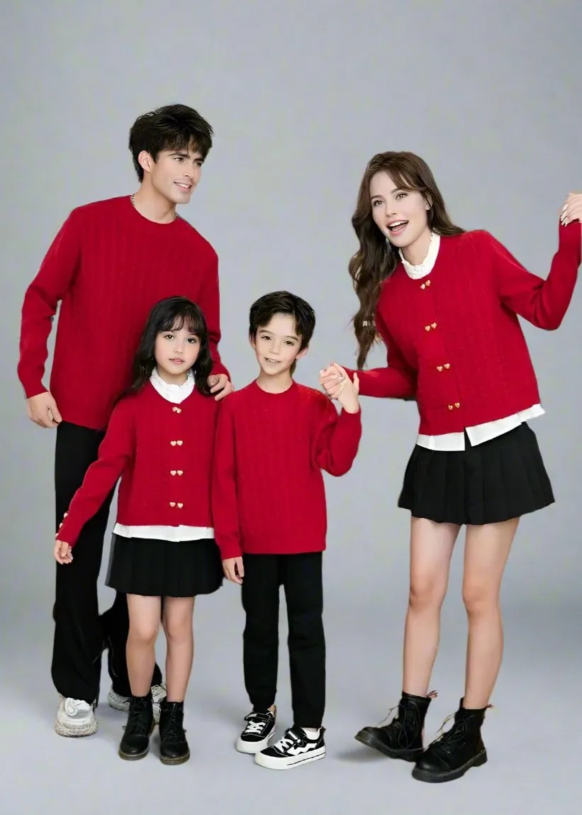 Family Matching Red Cable Knit Cardigans – Elegant Heart-Button Design