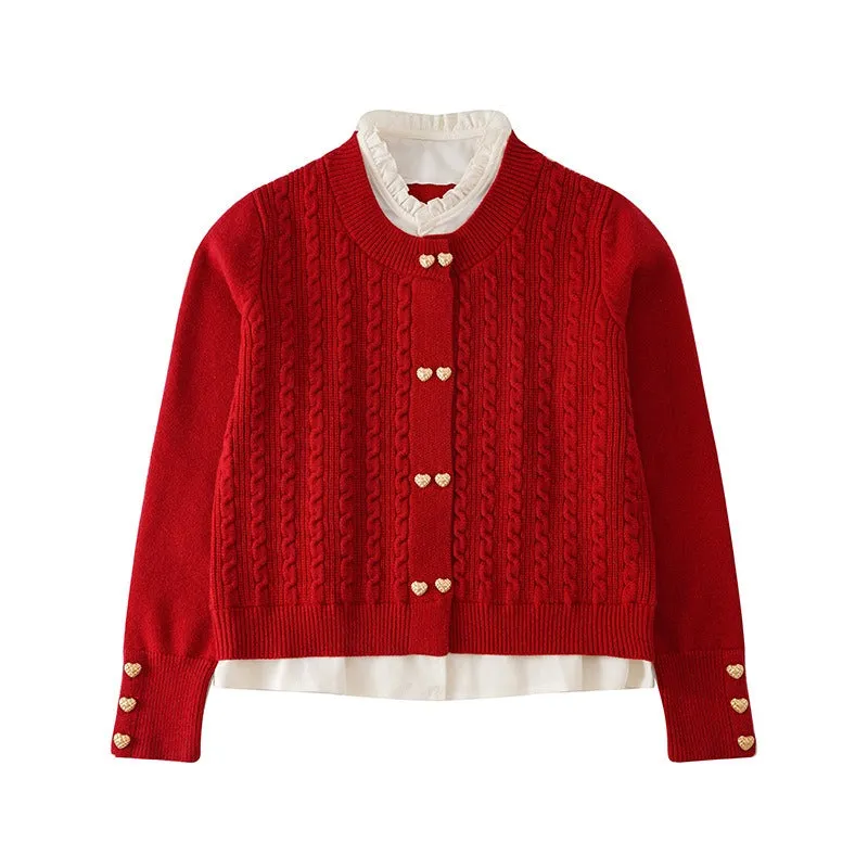 Family Matching Red Cable Knit Cardigans – Elegant Heart-Button Design