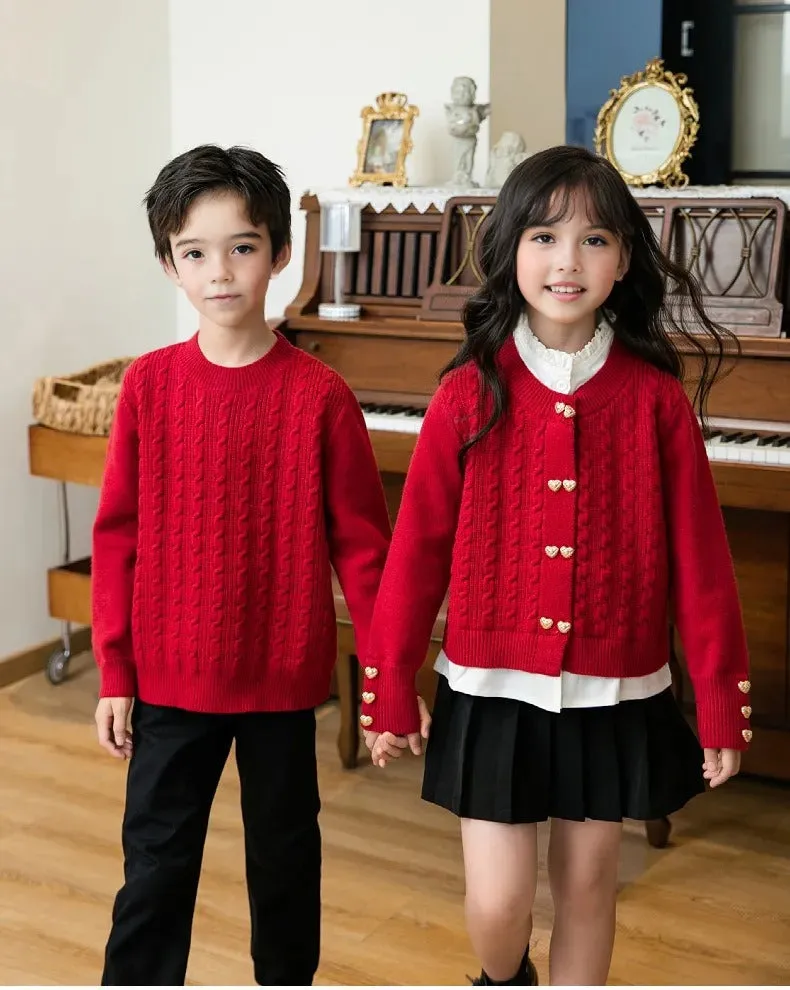 Family Matching Red Cable Knit Cardigans – Elegant Heart-Button Design