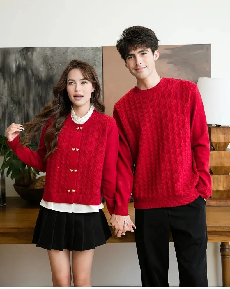 Family Matching Red Cable Knit Cardigans – Elegant Heart-Button Design