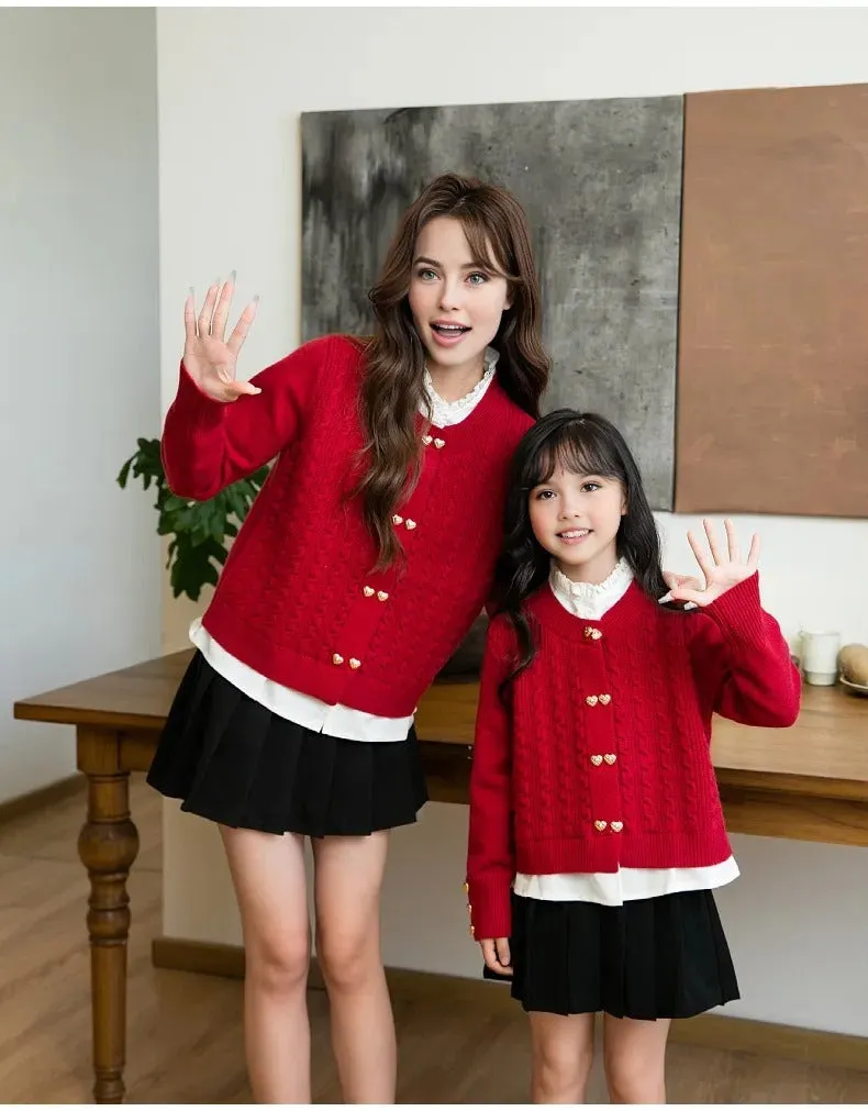 Family Matching Red Cable Knit Cardigans – Elegant Heart-Button Design