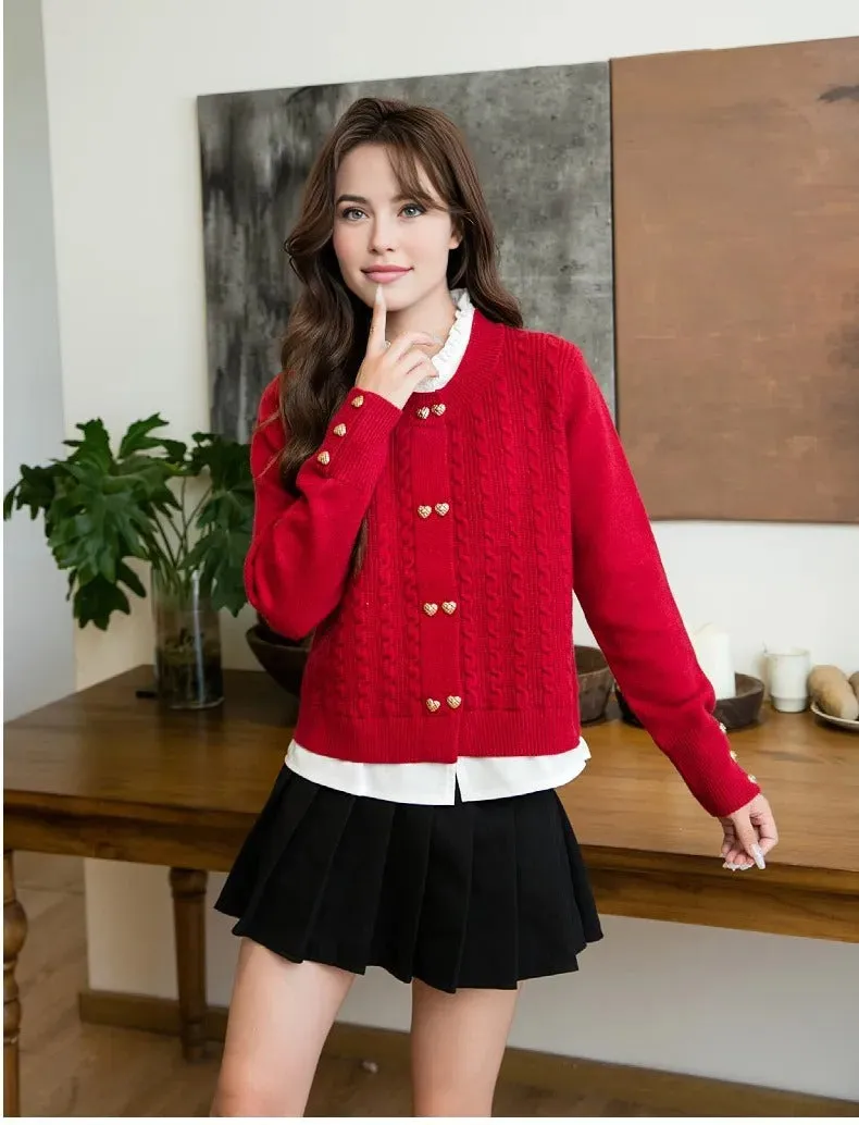 Family Matching Red Cable Knit Cardigans – Elegant Heart-Button Design