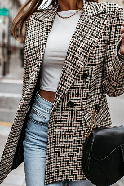 Fashion Elegant Geometric Patchwork Buckle Turn-back Collar Outerwear