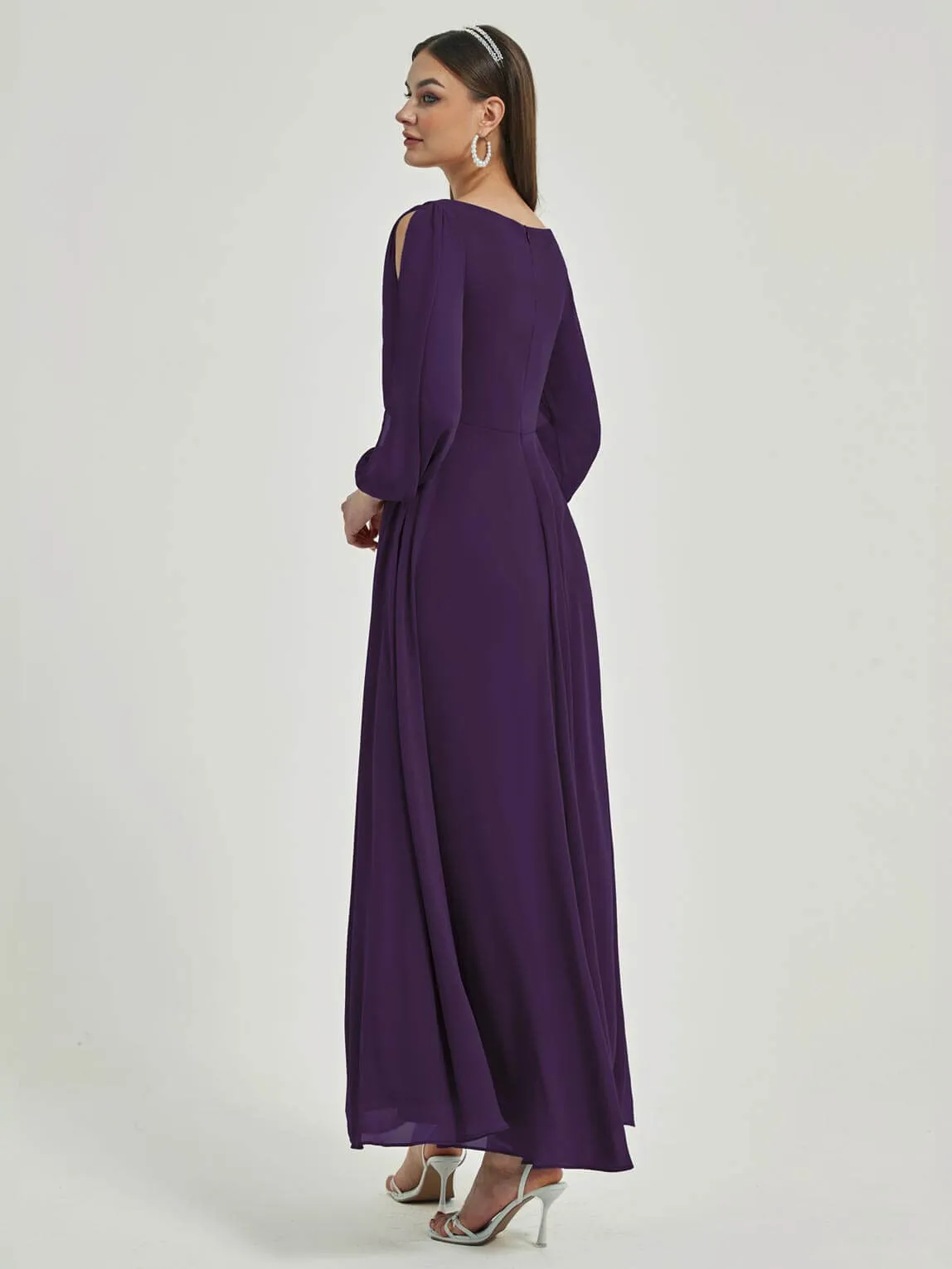 [Final Sale] Dark Purple V-Neck Long Slit Sleeve Pleated Flowy Chiffon Formal Dress