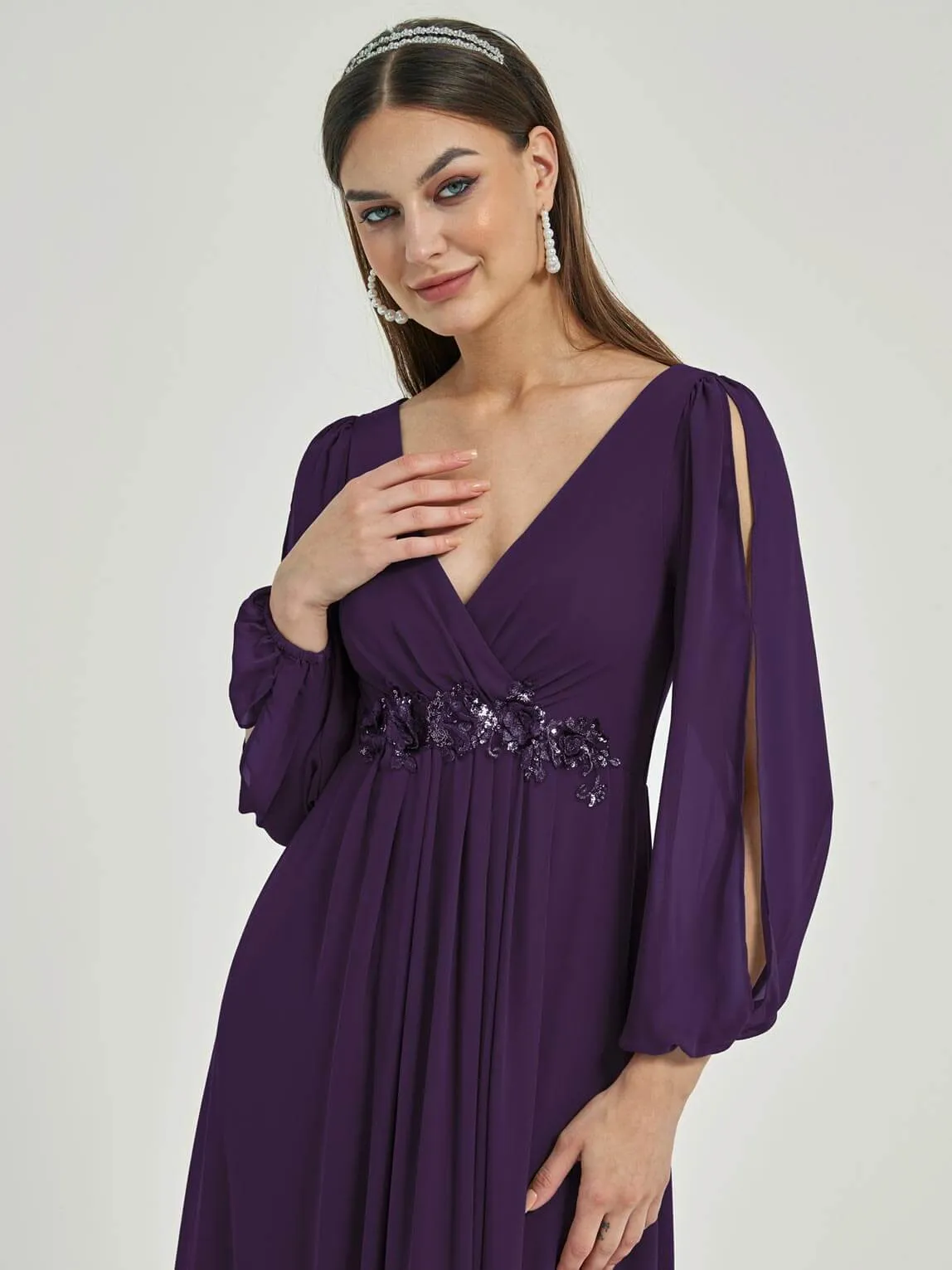 [Final Sale] Dark Purple V-Neck Long Slit Sleeve Pleated Flowy Chiffon Formal Dress