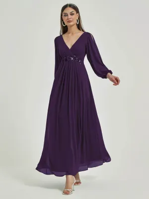 [Final Sale] Dark Purple V-Neck Long Slit Sleeve Pleated Flowy Chiffon Formal Dress