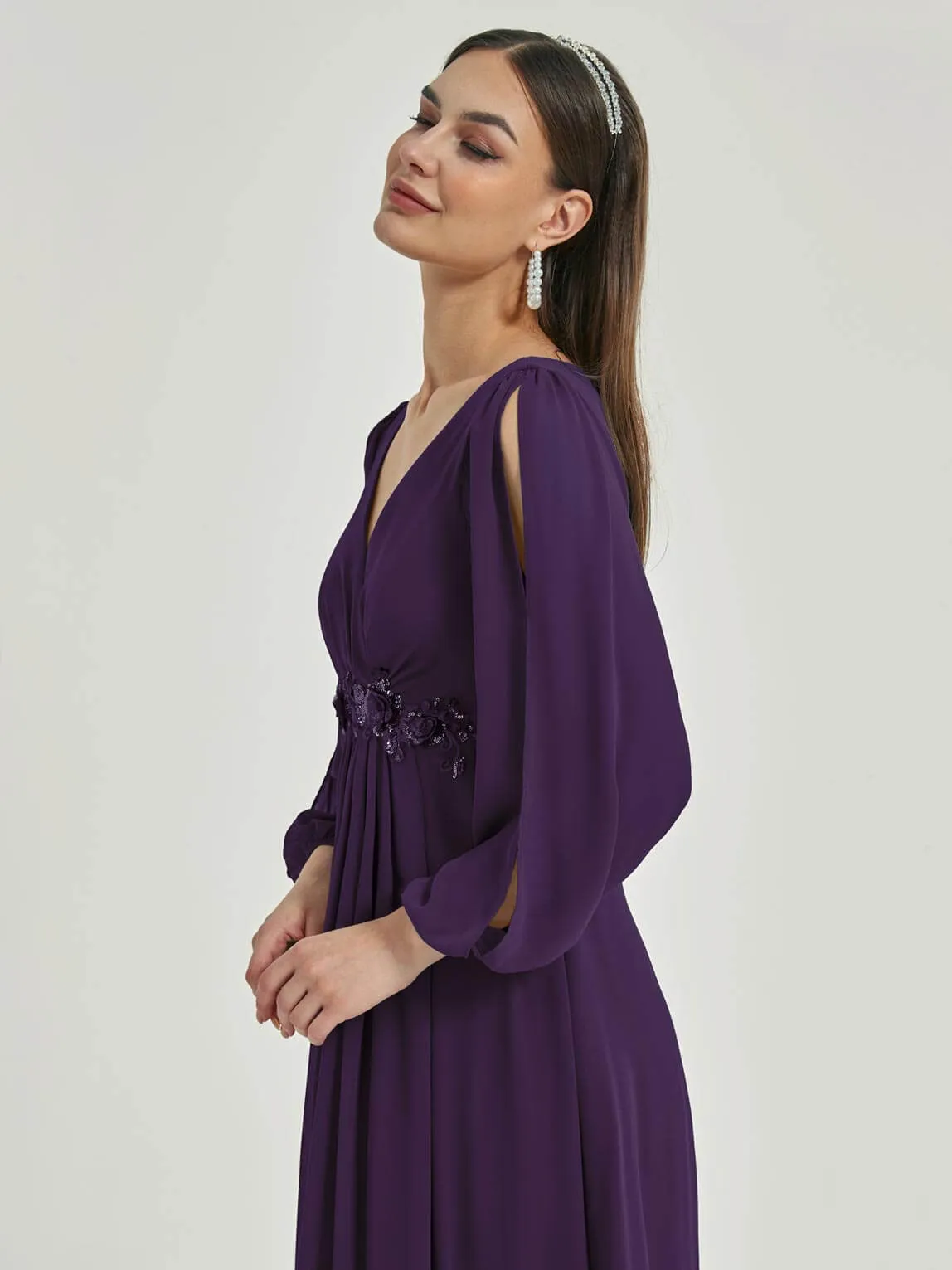 [Final Sale] Dark Purple V-Neck Long Slit Sleeve Pleated Flowy Chiffon Formal Dress