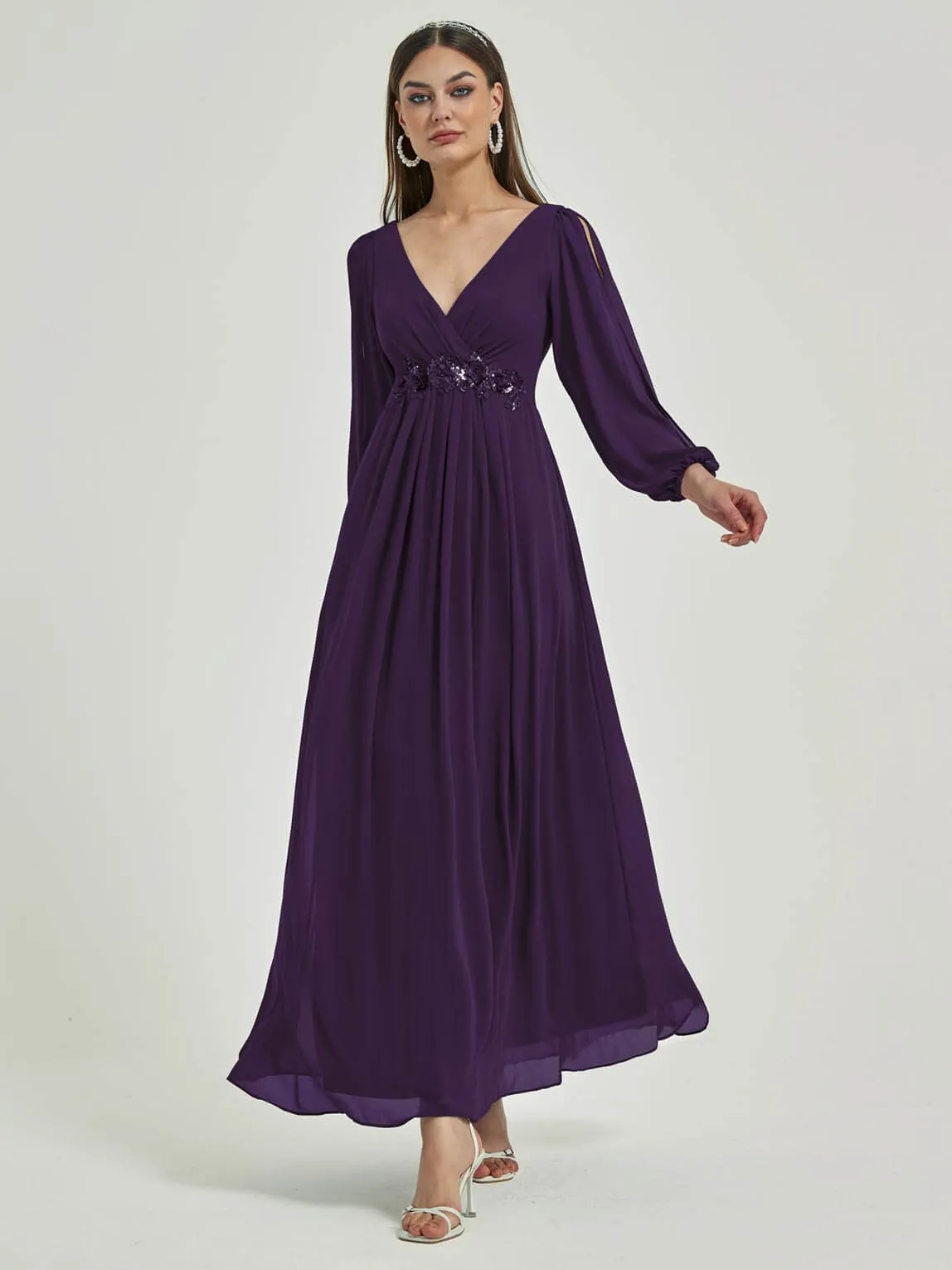 [Final Sale] Dark Purple V-Neck Long Slit Sleeve Pleated Flowy Chiffon Formal Dress