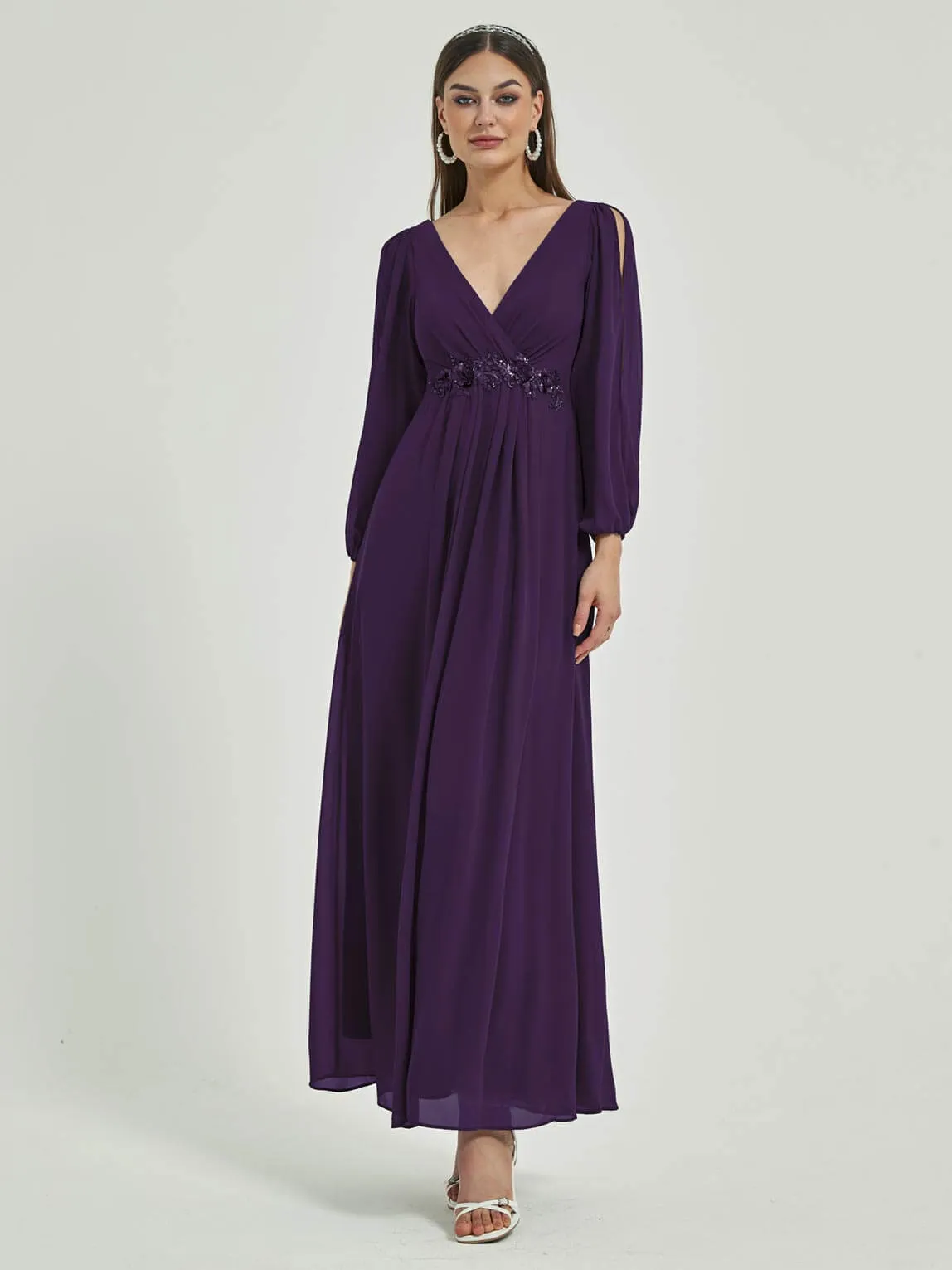 [Final Sale] Dark Purple V-Neck Long Slit Sleeve Pleated Flowy Chiffon Formal Dress