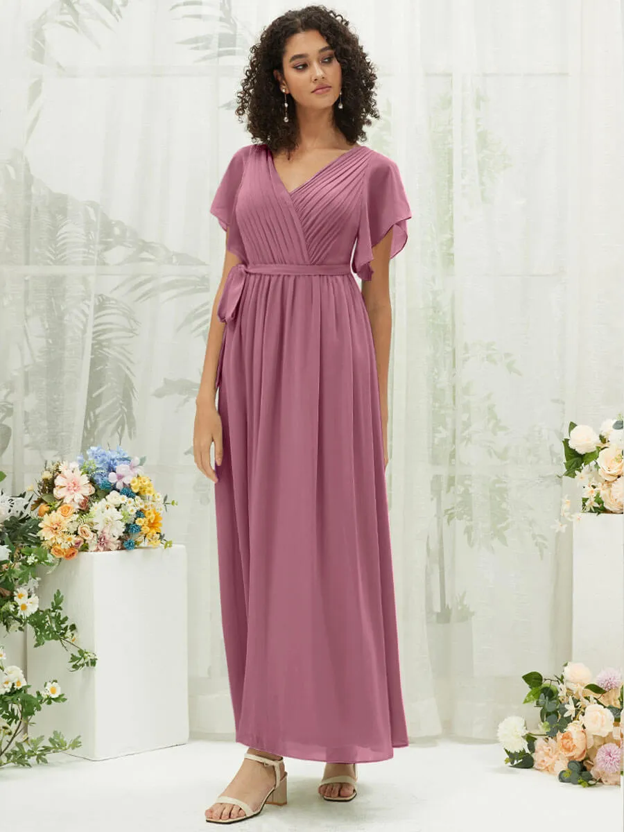 [Final Sale] Dusty Rose Short Sleeves Floor Length Silky Chiffon Bridesmaid Dress