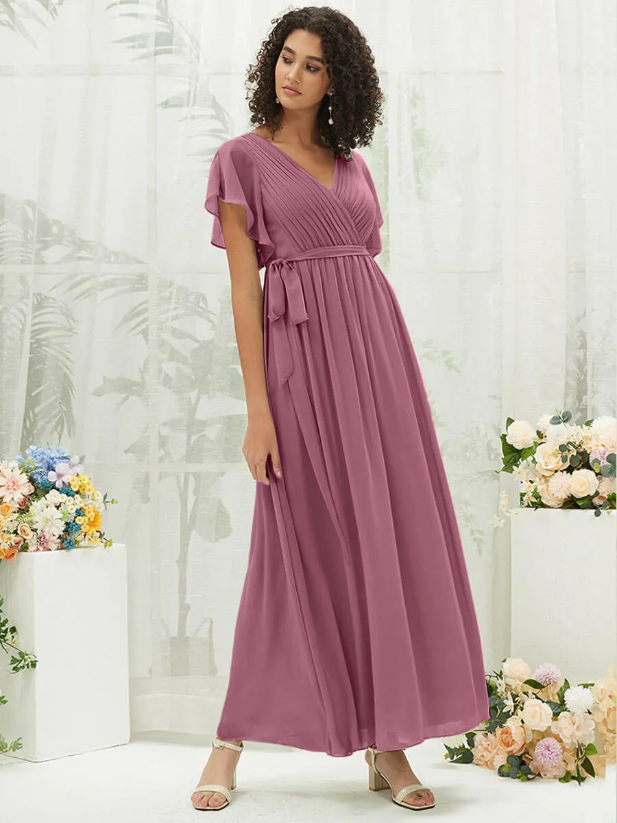[Final Sale] Dusty Rose Short Sleeves Floor Length Silky Chiffon Bridesmaid Dress