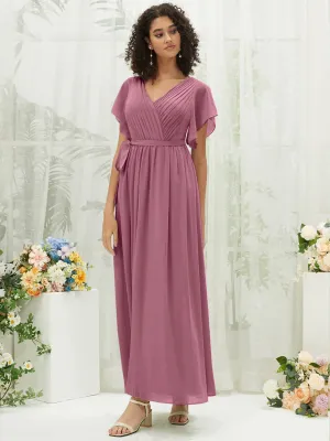 [Final Sale] Dusty Rose Short Sleeves Floor Length Silky Chiffon Bridesmaid Dress