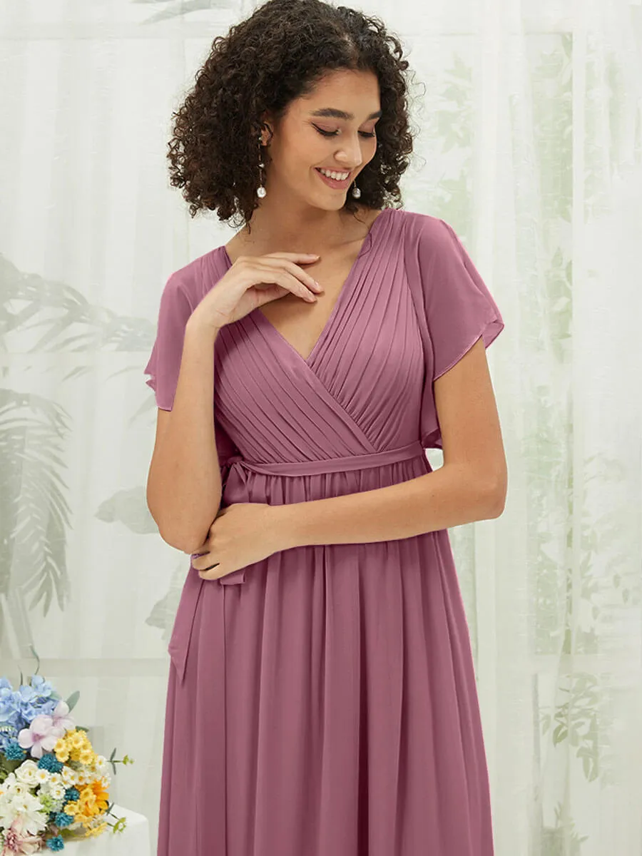 [Final Sale] Dusty Rose Short Sleeves Floor Length Silky Chiffon Bridesmaid Dress