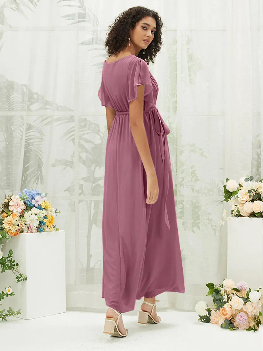 [Final Sale] Dusty Rose Short Sleeves Floor Length Silky Chiffon Bridesmaid Dress