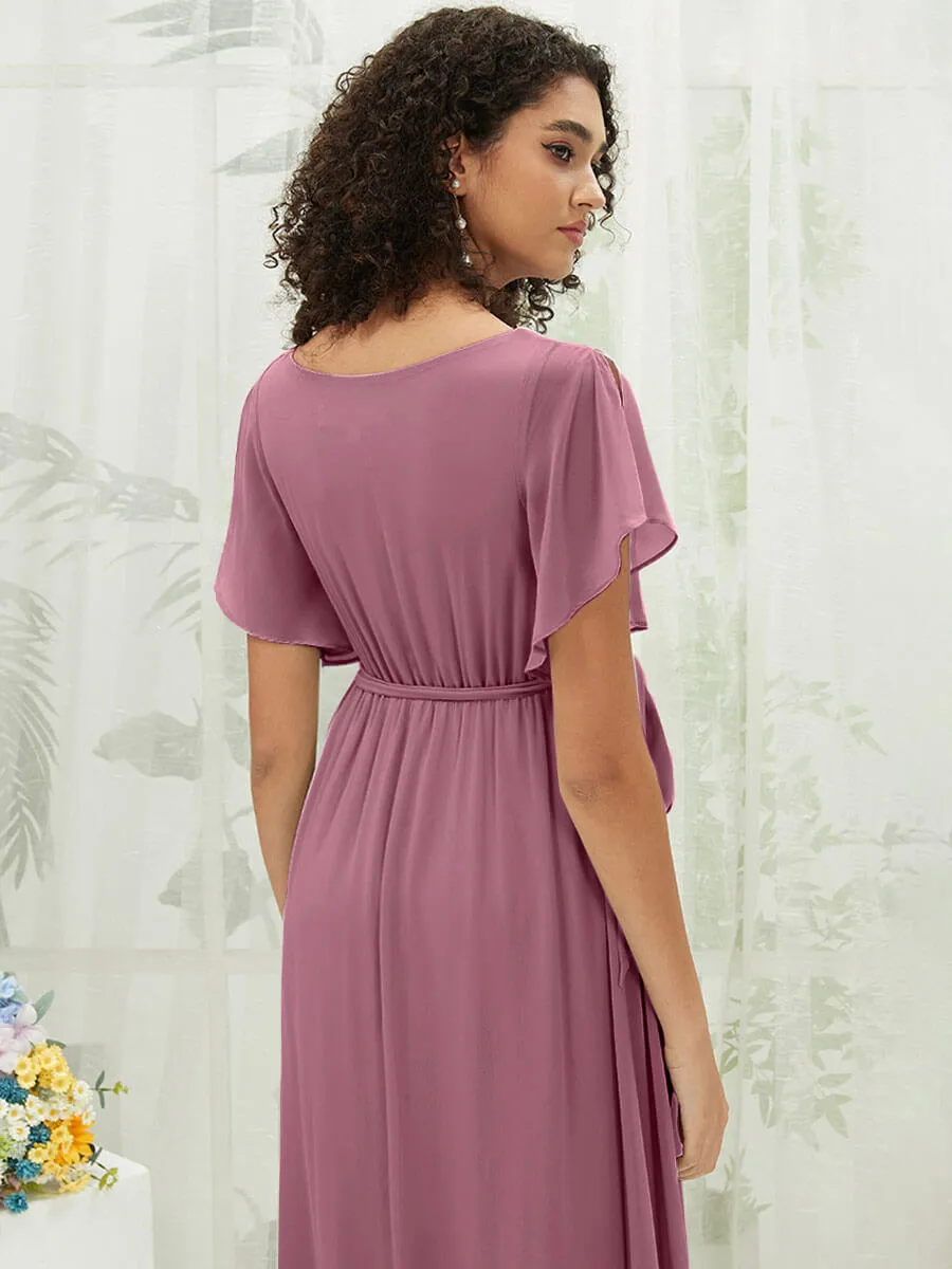 [Final Sale] Dusty Rose Short Sleeves Floor Length Silky Chiffon Bridesmaid Dress