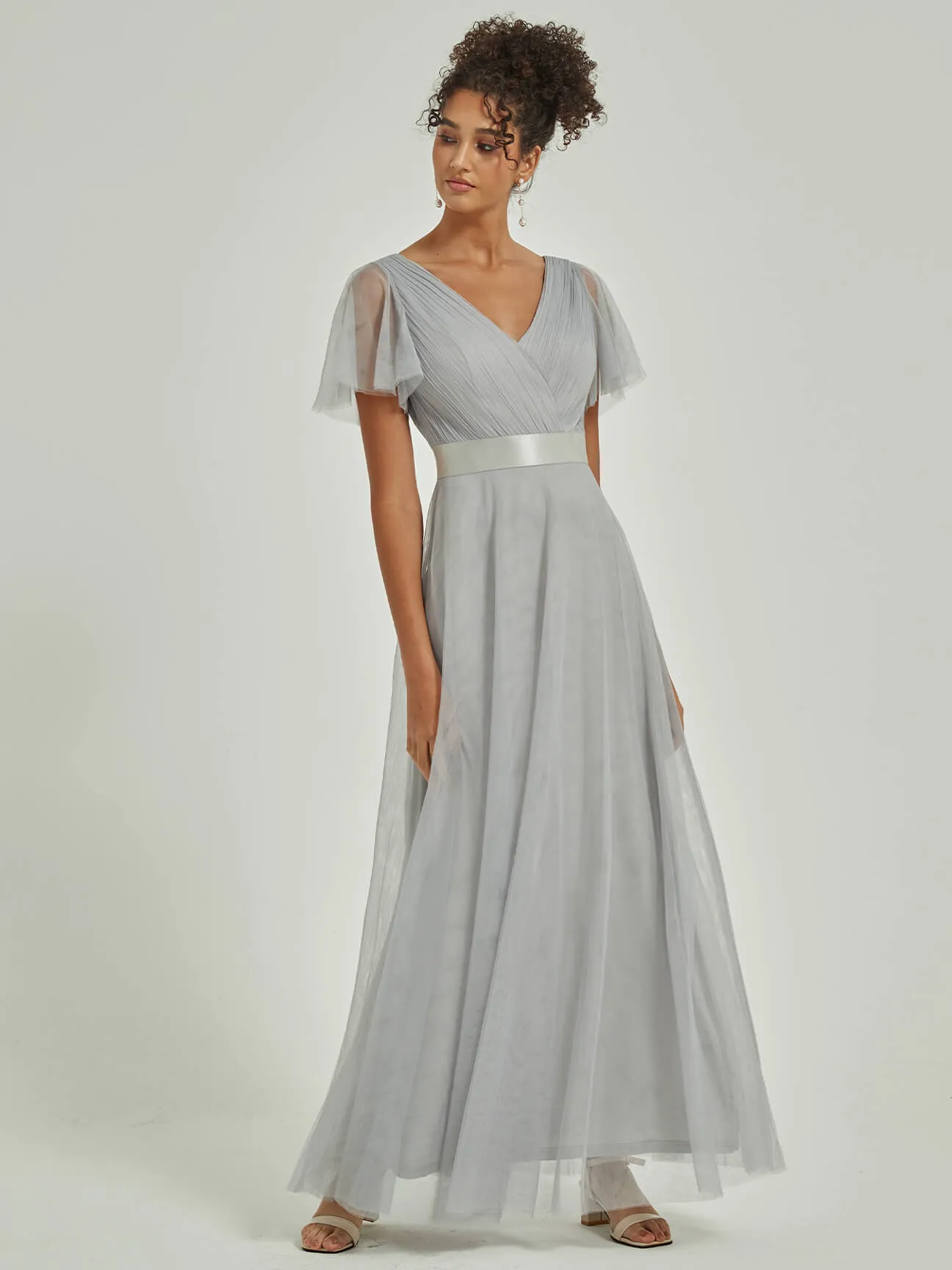 [Final Sale] Silver Grey Tulle V-Neck Ruffle Sleeves Floor Length Bridesmaid Gown