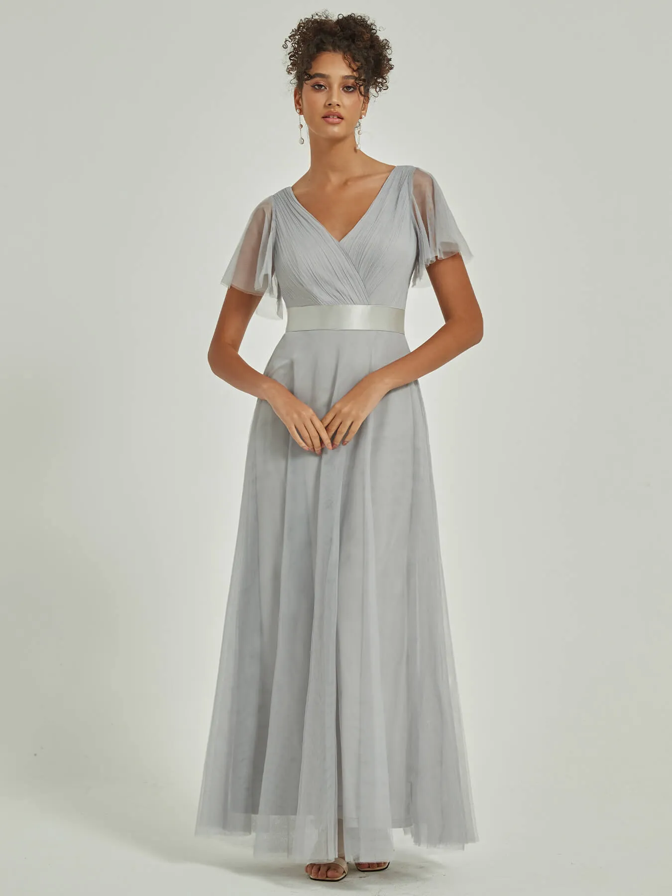 [Final Sale] Silver Grey Tulle V-Neck Ruffle Sleeves Floor Length Bridesmaid Gown