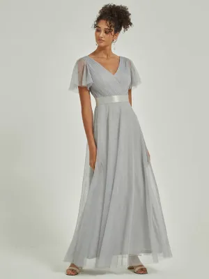 [Final Sale] Silver Grey Tulle V-Neck Ruffle Sleeves Floor Length Bridesmaid Gown