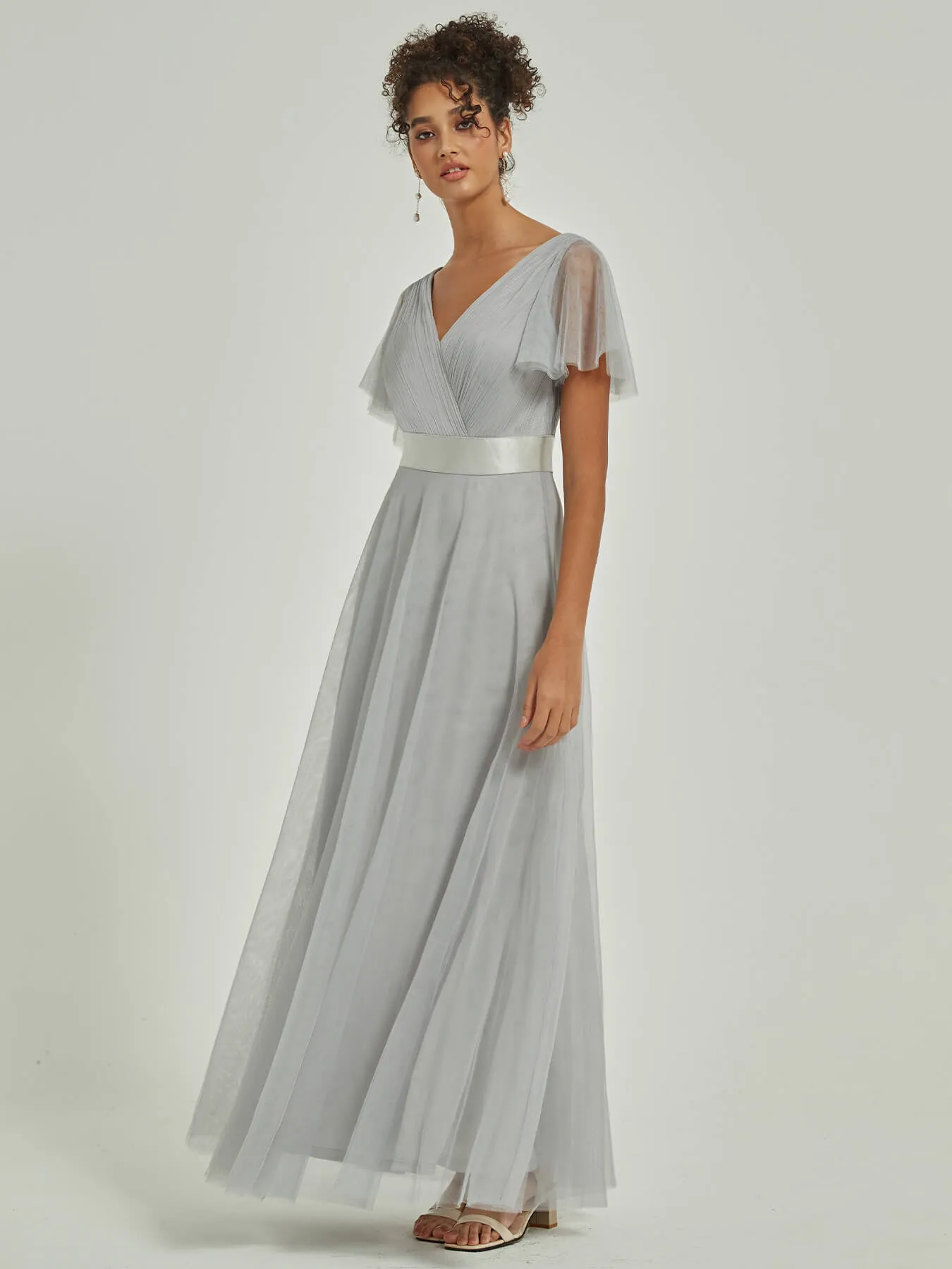 [Final Sale] Silver Grey Tulle V-Neck Ruffle Sleeves Floor Length Bridesmaid Gown