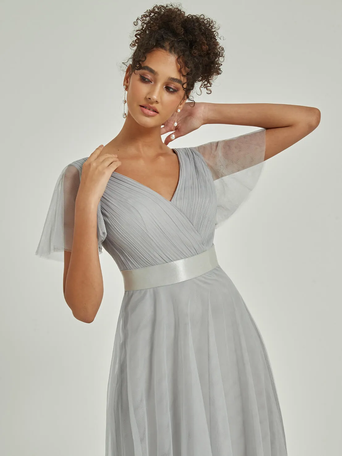 [Final Sale] Silver Grey Tulle V-Neck Ruffle Sleeves Floor Length Bridesmaid Gown